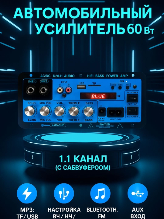 D20-II 60W Bluetooth 5.0 kuchaytirgich plata, 2 MIC, USB/TF/FM/AUX, 220/12V - 