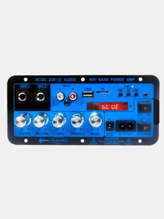 D20-II 60W Bluetooth 5.0 kuchaytirgich plata, 2 MIC, USB/TF/FM/AUX, 220/12V