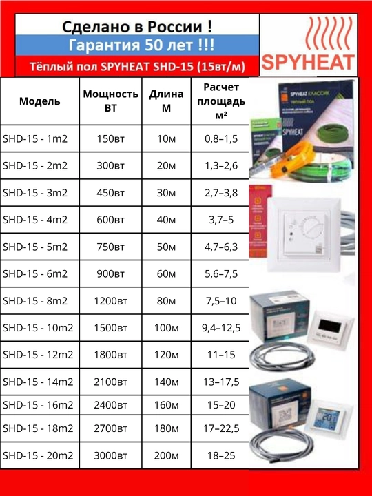 Issiq pol, elektr issiq pol, SpyHeat kabel 15 Вт/м, termostatsiz issiq pol