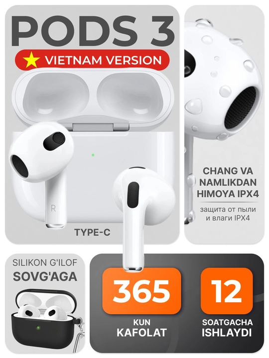 Simsiz quloqchinlar Pods 3, g'ilof sovg'a, iOS va Android uchun naushnik, Vietnam