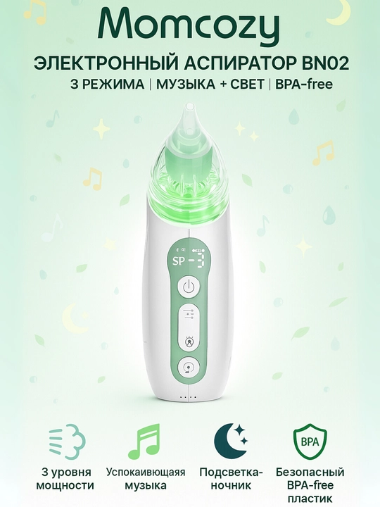 Электронный аспиратор Momcozy BN02, 3 режима, BPA-free, с музыкой и светом - 