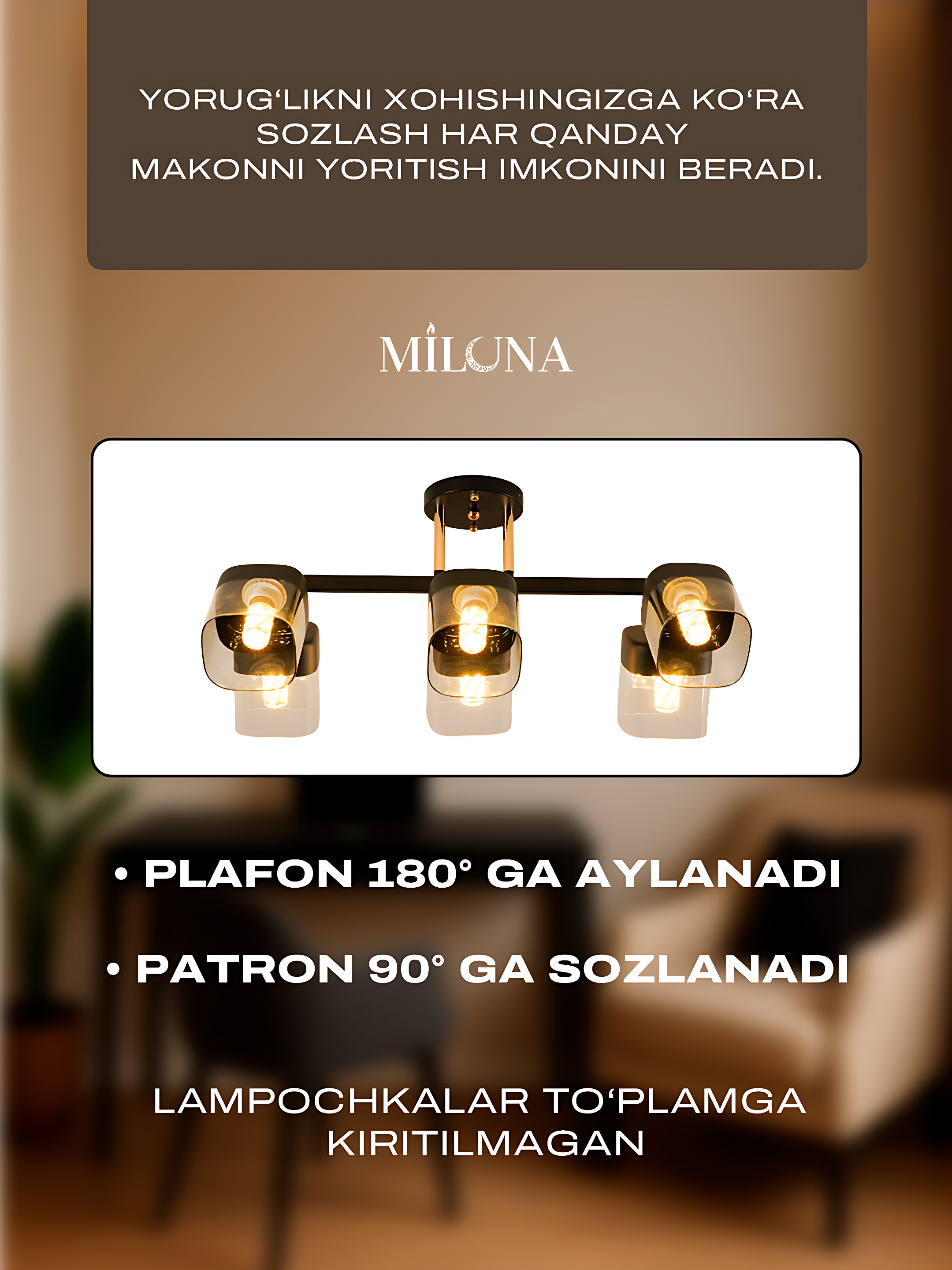 Lyustra buriluvchi plafonli, 3 xil o‘lchamda, oshxona va yotoqxona uchun, E27 patronli