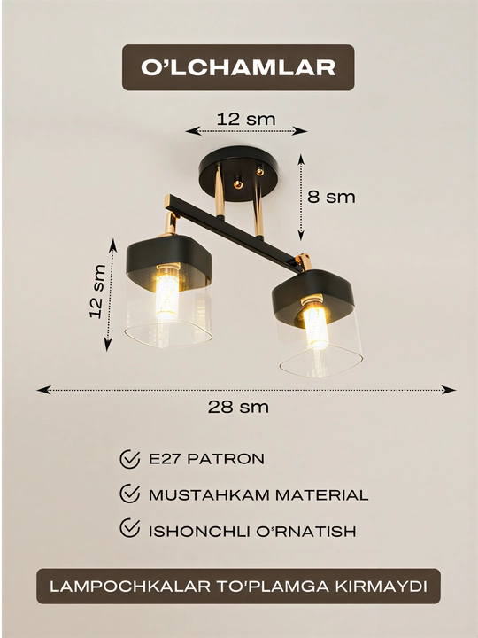 Lyustra buriluvchi plafonli, 3 xil o‘lchamda, oshxona va yotoqxona uchun, E27 patronli
