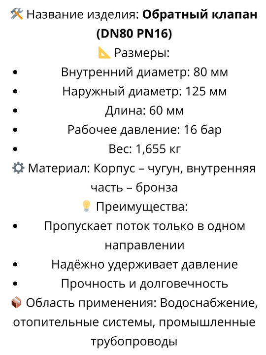 Obratniy klapan (DN65 PN16), bir taraflama suv o'tkazgich