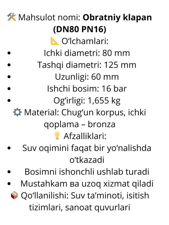 Obratniy klapan (DN65 PN16), bir taraflama suv o'tkazgich