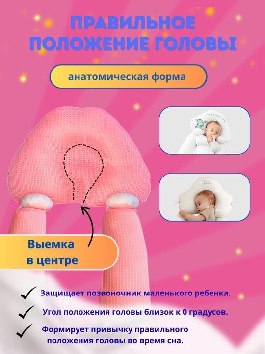 Детская подушка, 0+, правильная форма головы, ортопедический позиционер