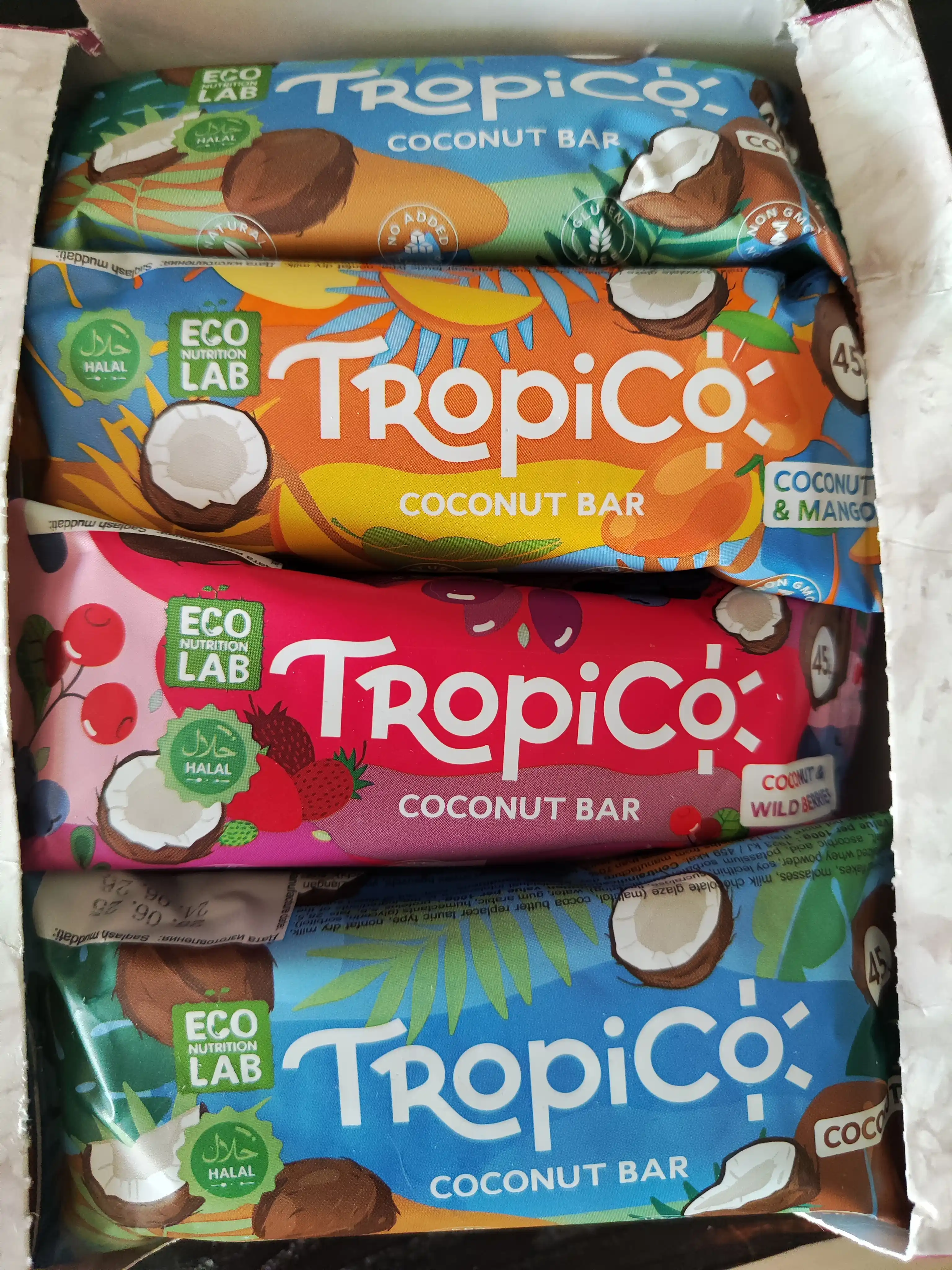 Кокосовый батончик TropiCo в шоколадной глазури, без сахара, 12 шт, 45 г