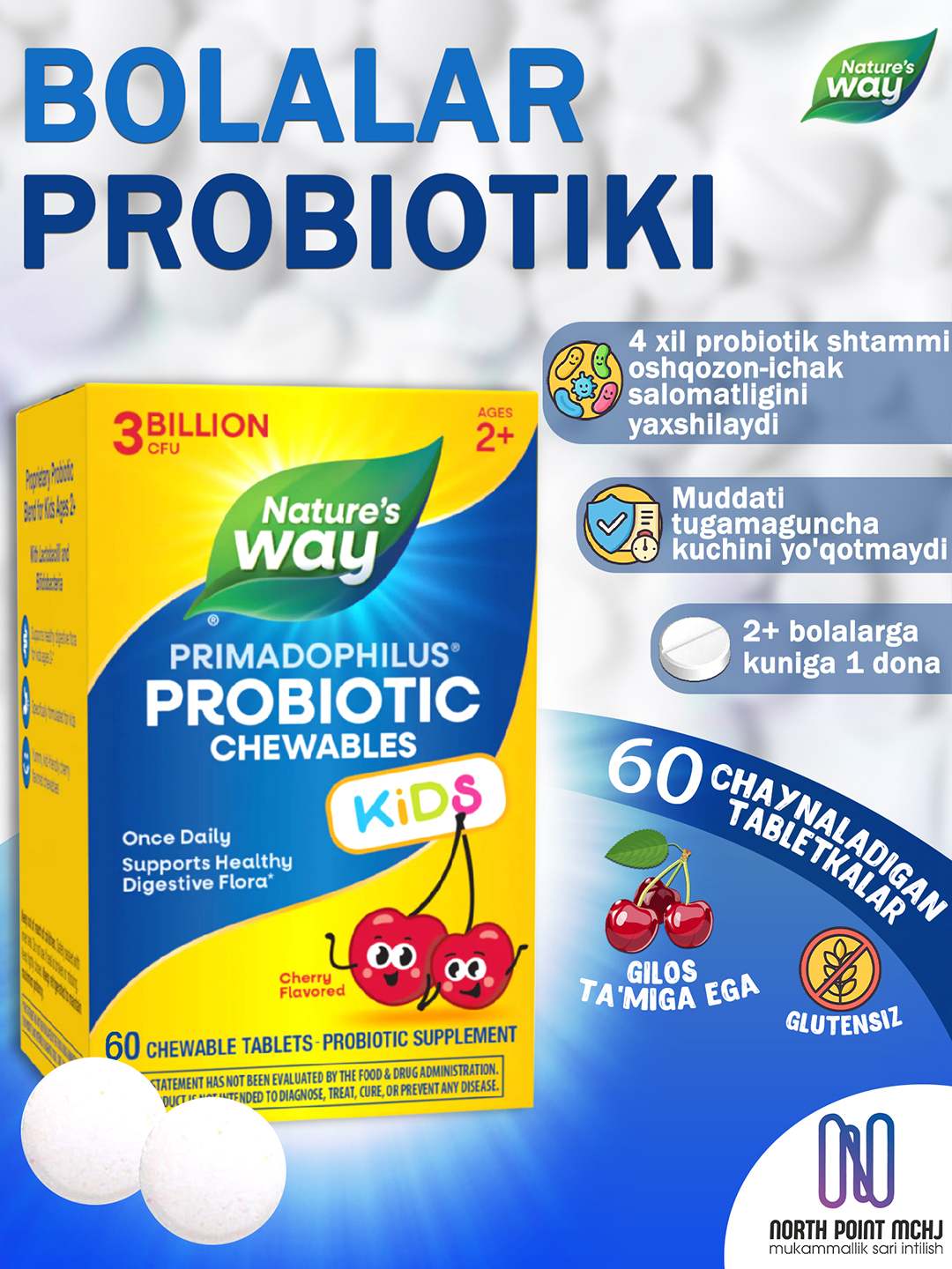Nature's Way, Primadophilus KIDS® probiotik, chaynaladigan tabetkalar, olcha , 60 dona - 