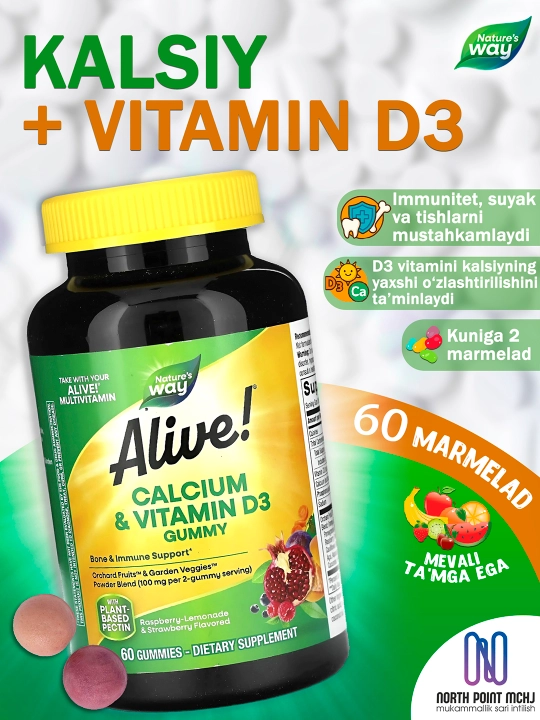 Kalsiy D3, Suyak va mushaklarga Nature's Way Alive! D3+Calcium, 60 konfet - 
