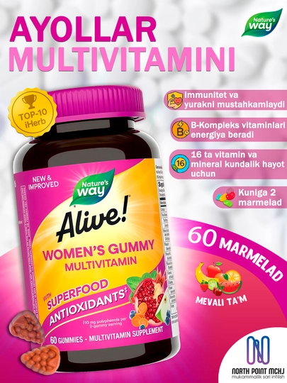 Ayollar uchun multivitamin tarkibi Inozitol, Biotin 16 xil vitamin minerallar 60 marmelad - 