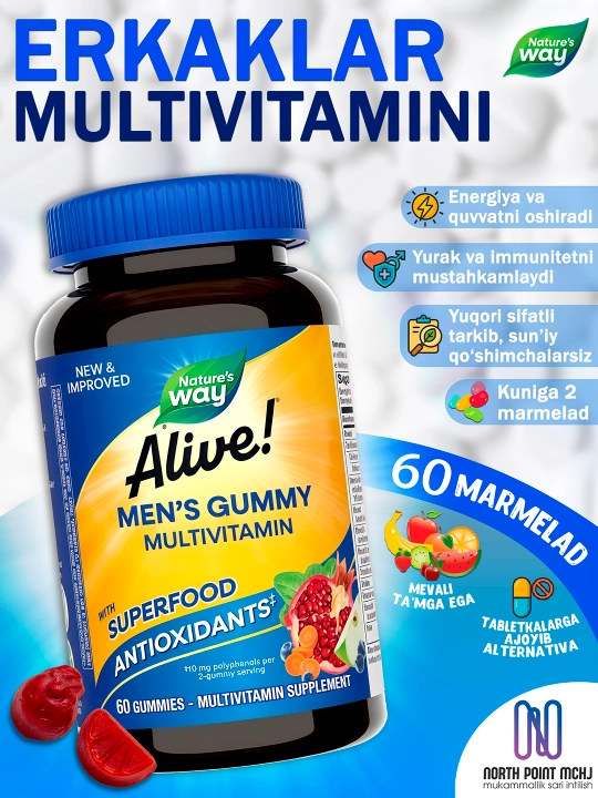 Erkaklar uchun multivitamin, Biotin Sink Inozitol kompleksi Nature's Way Alive Men 60 tab - 