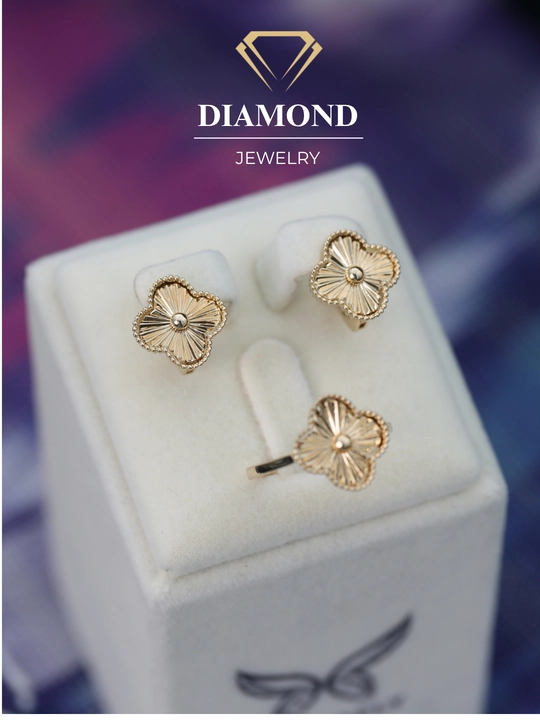 Ayollar uchun oltin uzuk va zirak to'plami, tilla 585 proba, 6.78gr, D20K model, DIAMOND