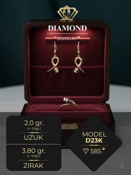 Ayollar uchun oltin uzuk va zirak to'plami, tilla 585 proba, 5.8gr, D23K model, DIAMOND - 