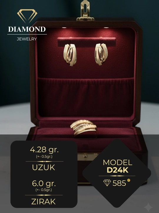 Ayollar uchun oltin uzuk va zirak to'plami, tilla 585 proba, 10.28 gr, D24K model, DIAMOND - 