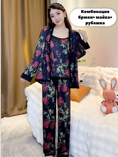 Ayollar uchun 4 tasi 1 da pijama, shim + ko‘ylak + shorti + mayka to‘plami, uyqu va dam olish uchun uy kiyimi