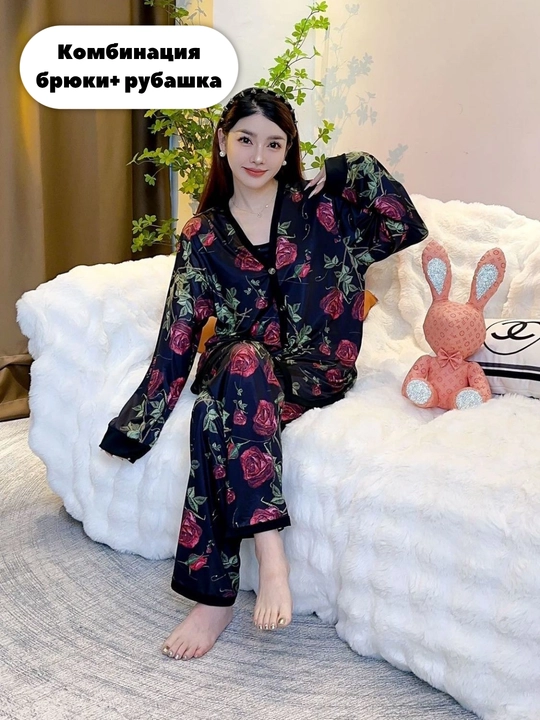 Ayollar uchun 4 tasi 1 da pijama, shim + ko‘ylak + shorti + mayka to‘plami, uyqu va dam olish uchun uy kiyimi