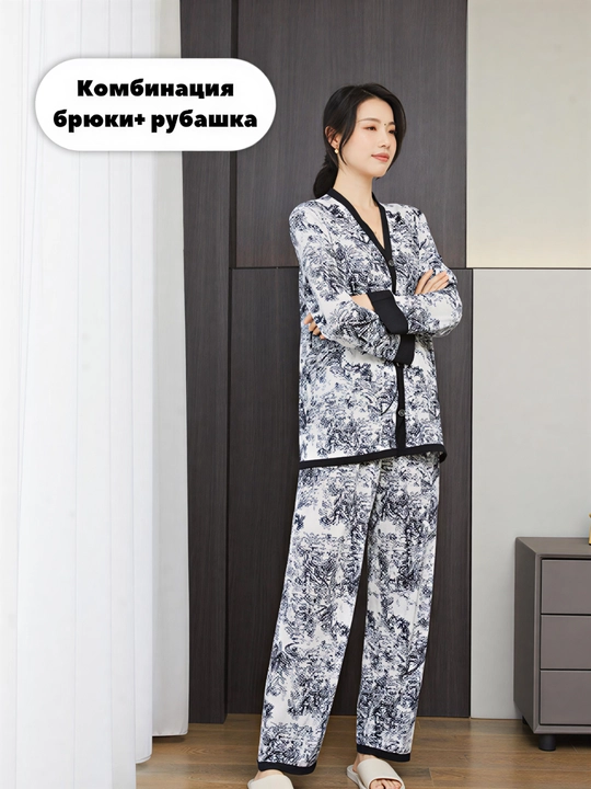 Ayollar uchun 4 tasi 1 da pijama, shim + ko‘ylak + shorti + mayka to‘plami, uyqu va dam olish uchun uy kiyimi