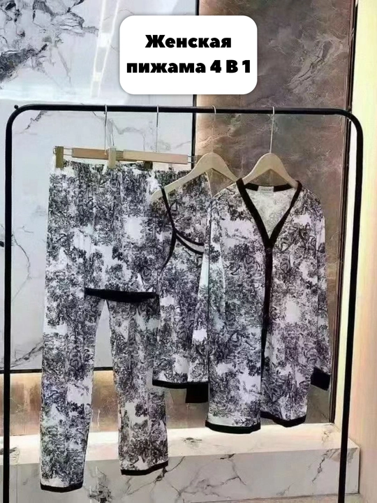 Ayollar uchun 4 tasi 1 da pijama, shim + ko‘ylak + shorti + mayka to‘plami, uyqu va dam olish uchun uy kiyimi