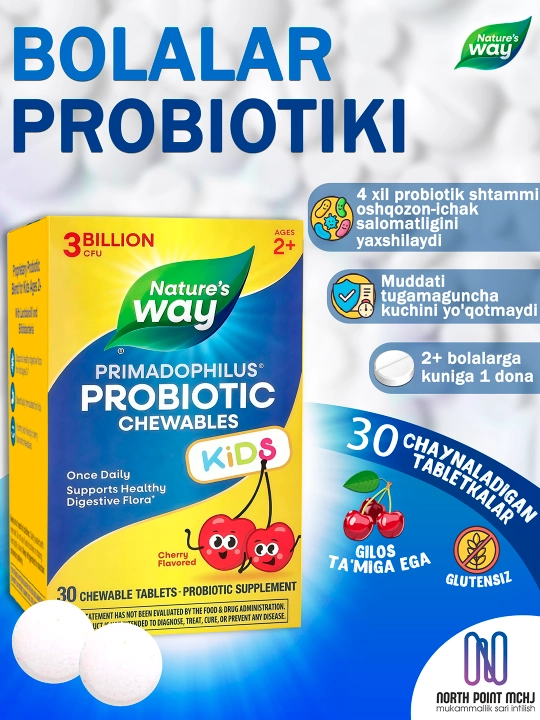 Nature's Way, Primadophilus KIDS® probiotik, chaynaladigan tabetkalar, olcha, 30 dona - 