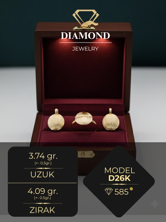 Ayollar uchun oltin uzuk va zirak to'plami, tilla 585 proba, 7.83 gr, D26K model, DIAMOND - 