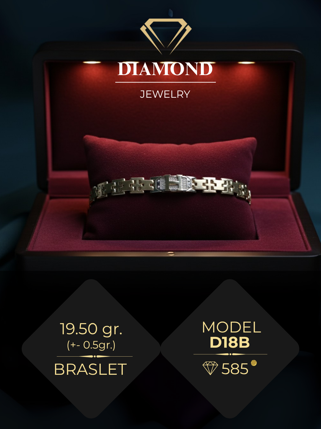 Женский золотой браслет, 585 проба, 19.5 г, стандартный размер, модель D18B, DIAMOND GOLD - 