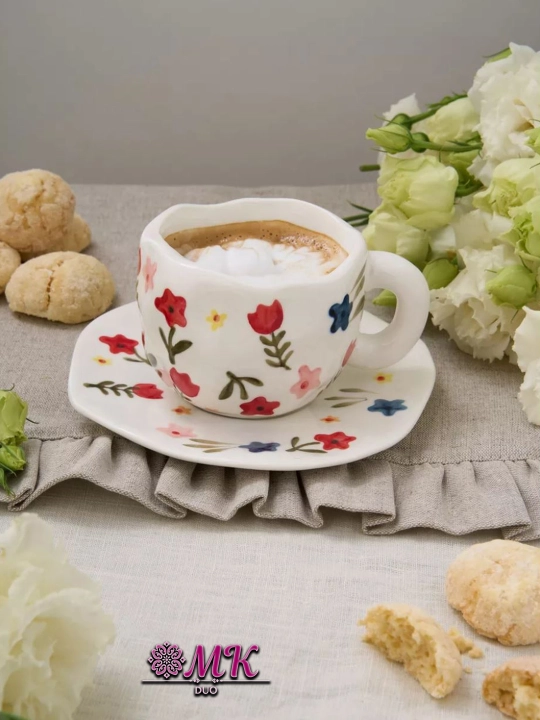 Choy jufti, 280 ml, keramika krujka likopcha bilan choy, qahva, kapuchino va latte uchun