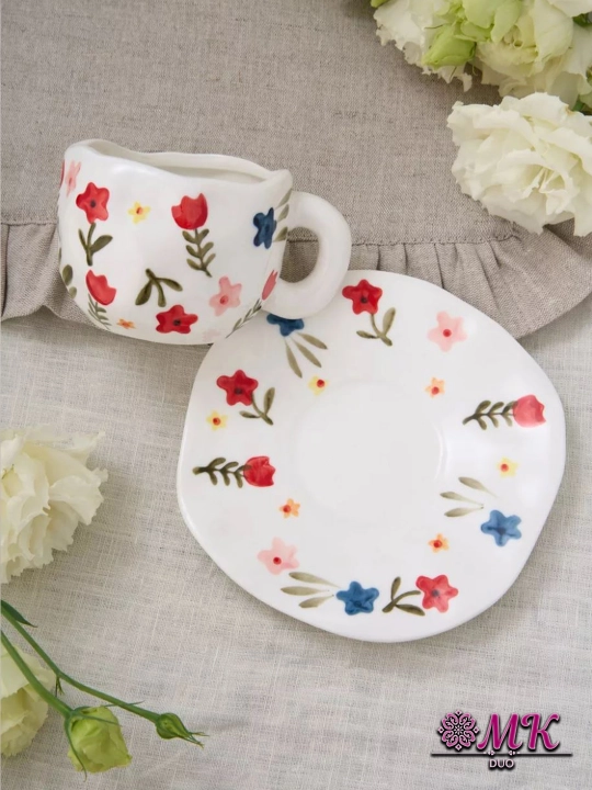 Choy jufti, 280 ml, keramika krujka likopcha bilan choy, qahva, kapuchino va latte uchun
