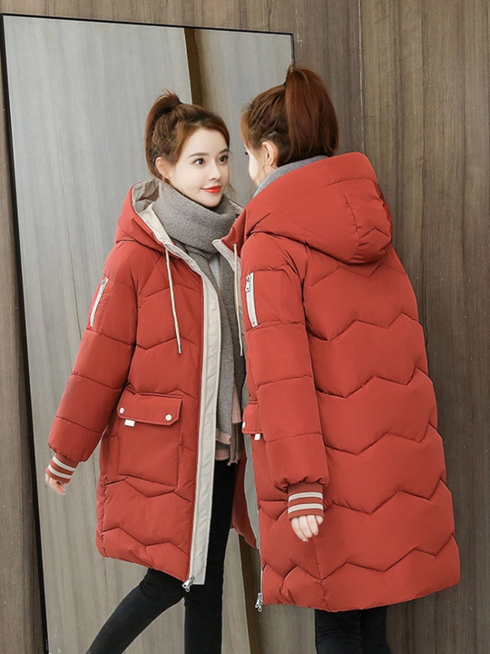 Kurtka ayollar uchun, oversize, qalin kapishoni bilan still koreyskiy kuz va qish uchun