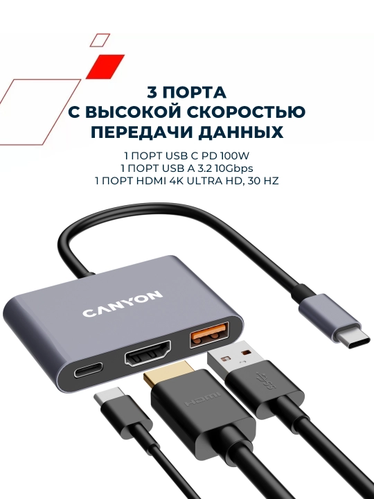 USB hub adapter CANYON DS-3 va DS-4, 3 port, USB-Type C, HDMI