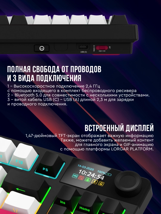 Gaming mexanik klaviatura Lorgar KBP70TKLW, ENG, RGB yoritgichli bilan