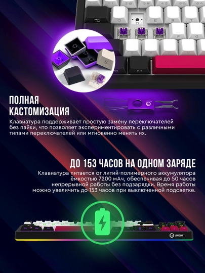 Gaming mexanik klaviatura Lorgar KBP70TKLW, ENG, RGB yoritgichli bilan