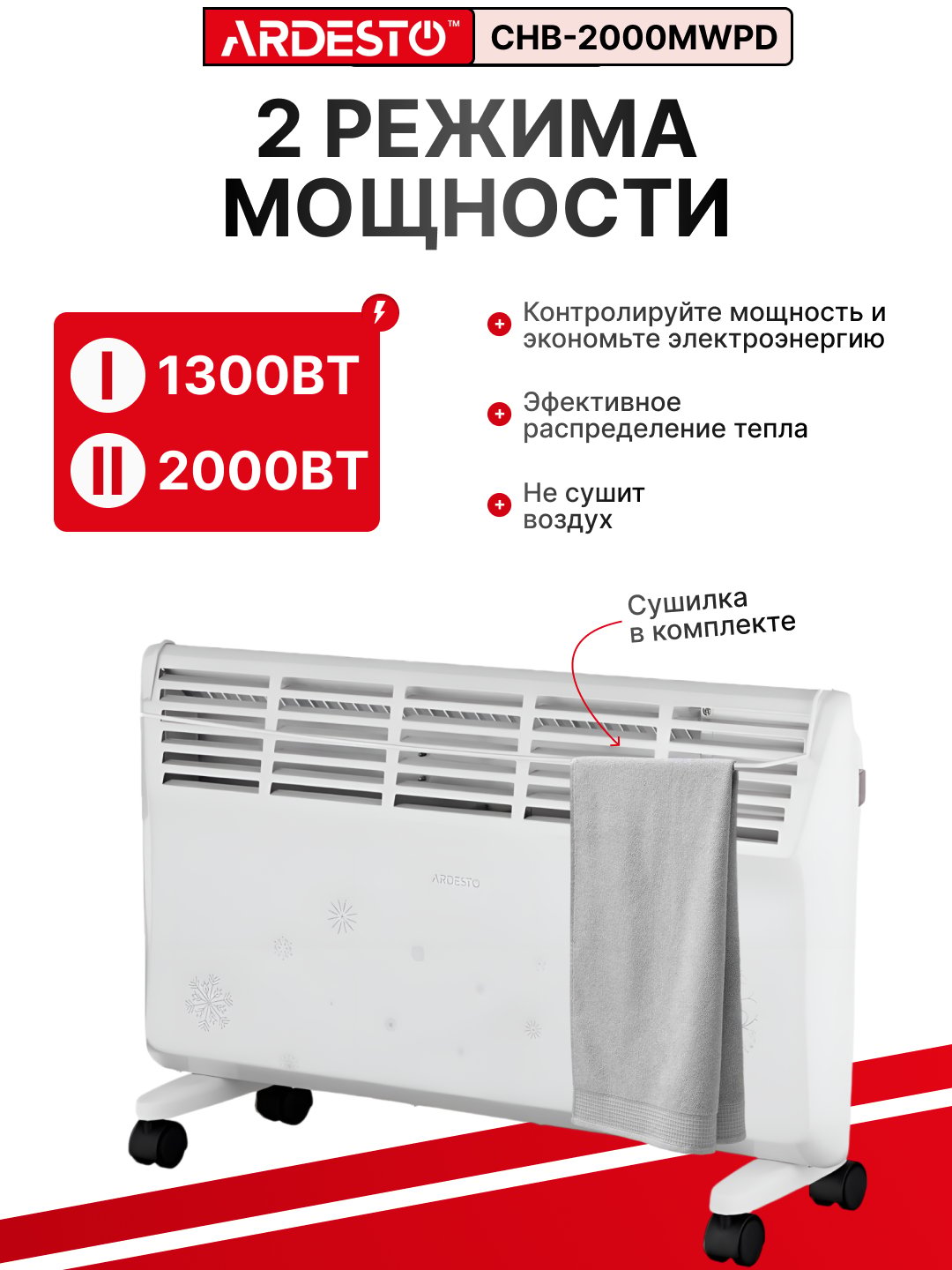 Elektr konvektorli isitgich Ardesto, 20 m2, 2000 Vt, qora, CHB-2000MBD