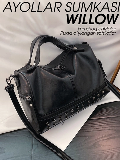 Willow ayollar sumkasi: yelka uchun boston-tout, parchinli eko-charm, ish va o'qish uchun