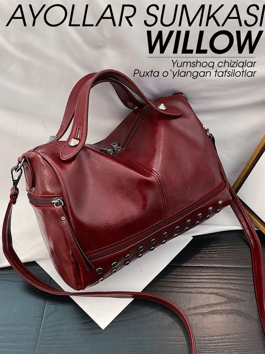 Willow ayollar sumkasi: yelka uchun boston-tout, parchinli eko-charm, ish va o'qish uchun - 