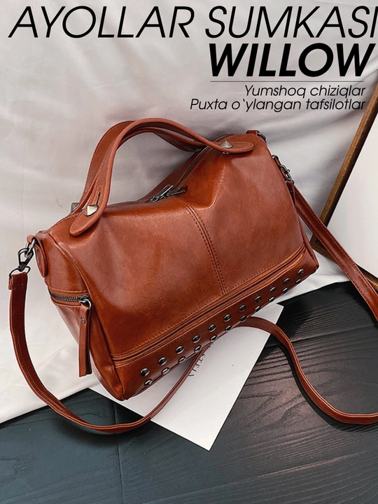 Willow ayollar sumkasi: yelka uchun boston-tout, parchinli eko-charm, ish va o'qish uchun