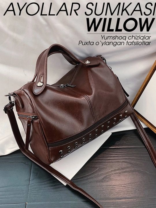 Willow ayollar sumkasi: yelka uchun boston-tout, parchinli eko-charm, ish va o'qish uchun