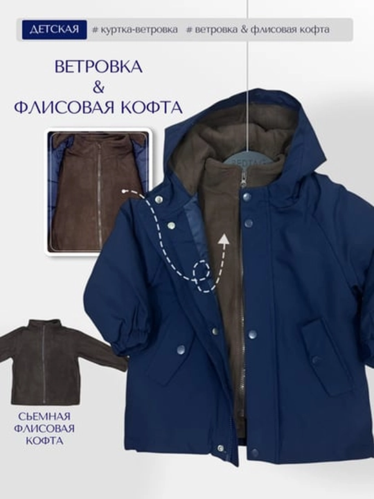 Детская куртка ветровка 2 в 1, демисезонная, с флисовой кофтой, куртка для мальчика