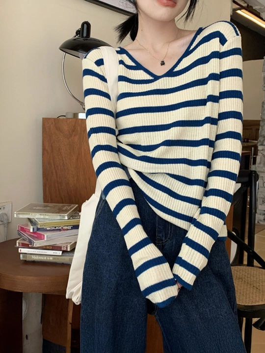 Лонгслив в полоску, женский, в рубчик, кофта с V-вырезом