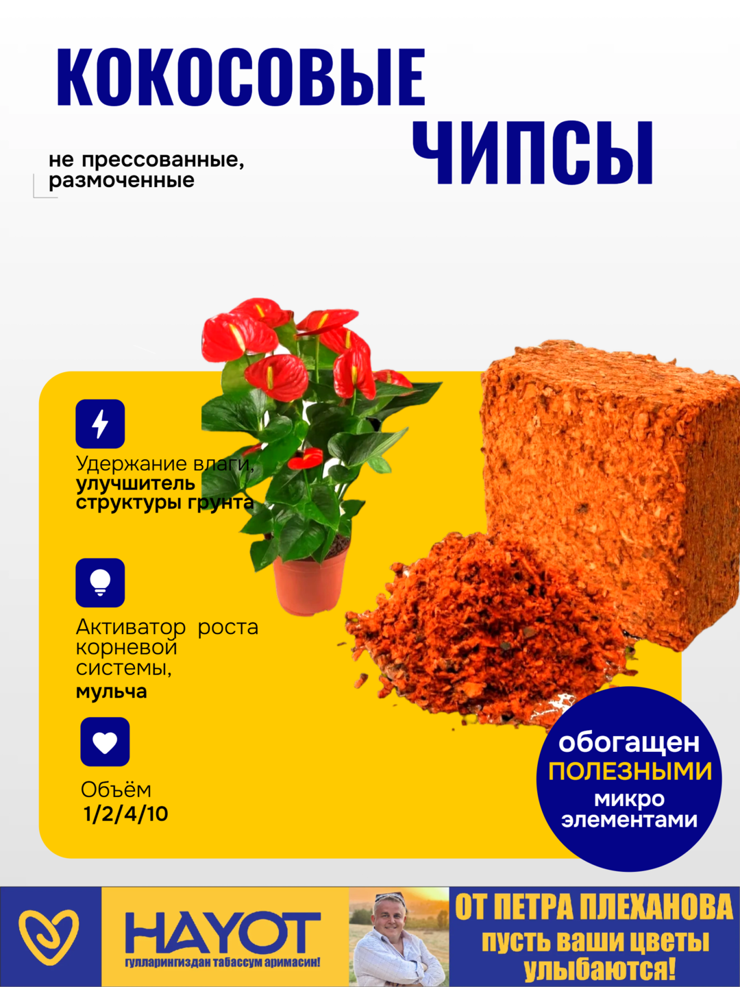 Kokos chipslari Pyotr Plexanovdan, presslanmagan, suvda uvitilgan orxideya, anturium - 