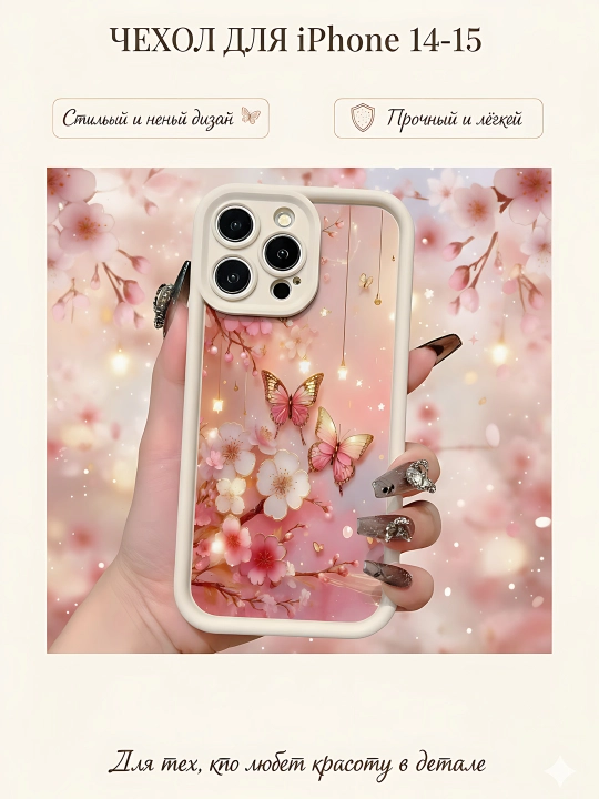 IPhone uchun nafis g‘ilof 16 15 14 13 12 11 - Sakura gullari va kapalaklar - 