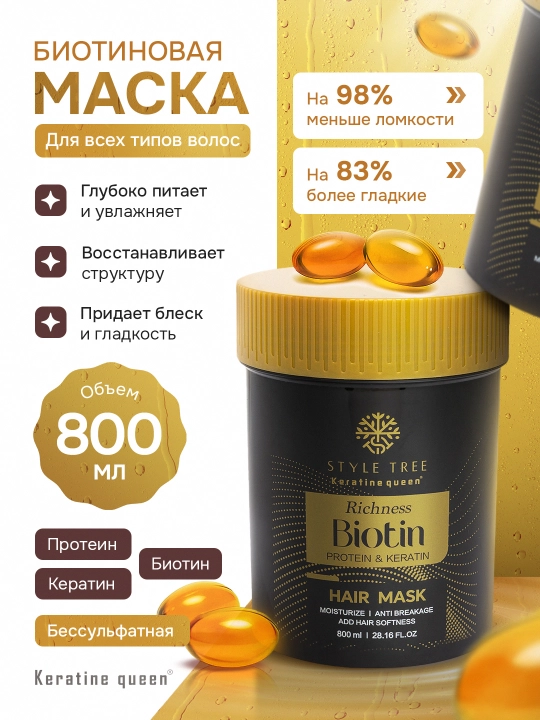 Маска для волос Keratin Queen Biotin & Keratin 800 мл без сульфатов - 