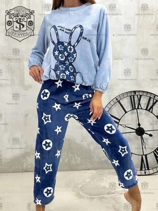 Plyushli momiq pijama, yumshoq pijama, pastki shim bilan