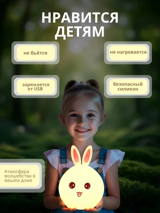Детский ночник, силикон, пандочка, утка, капуста, единорог, кролик RGB