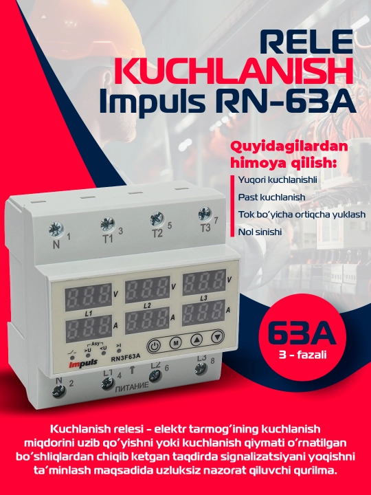 Kuchlanish relesi Impuls RN-63A, 3 fazali