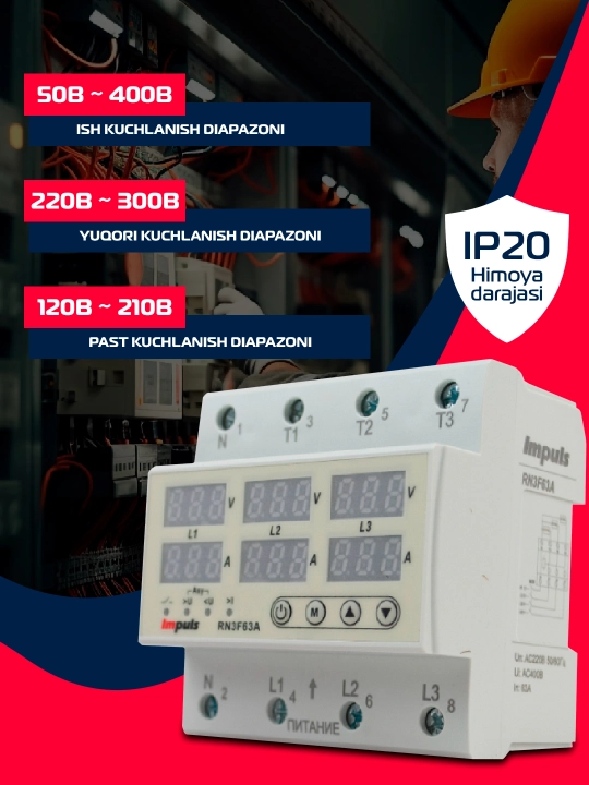 Kuchlanish relesi Impuls RN-63A, 3 fazali