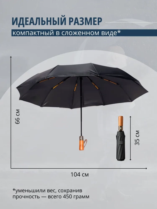 Зонт классический, чёрный, 12 спиц, автоматический зонтик, антиветер, деревянная ручка