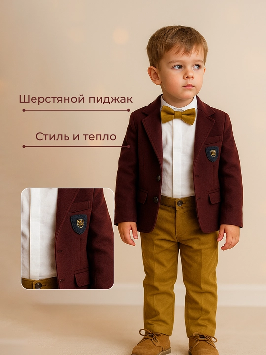 Костюм для мальчиков, 3 в 1: шерстяной пиджак, джинсы и хлопковый лонгслив