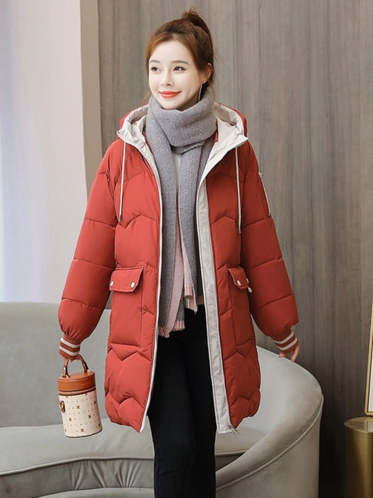Kurtka ayollar uchun, oversize, qalin kapishoni bilan still koreyskiy kuz va qish uchun