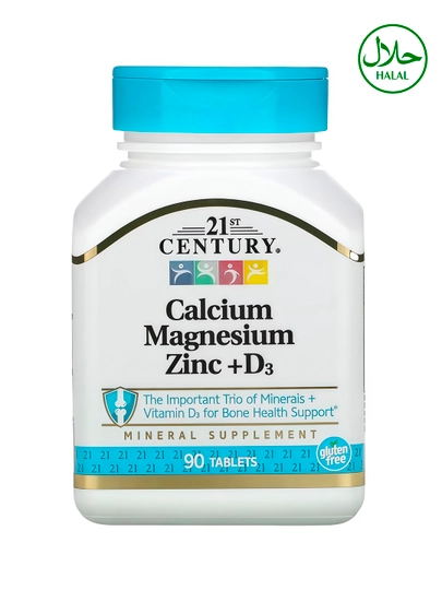 Кальций, Магний, Цинк, Витамин д3, 21st Century Calcium Magnesium Zinc + D3, 90 таблеток