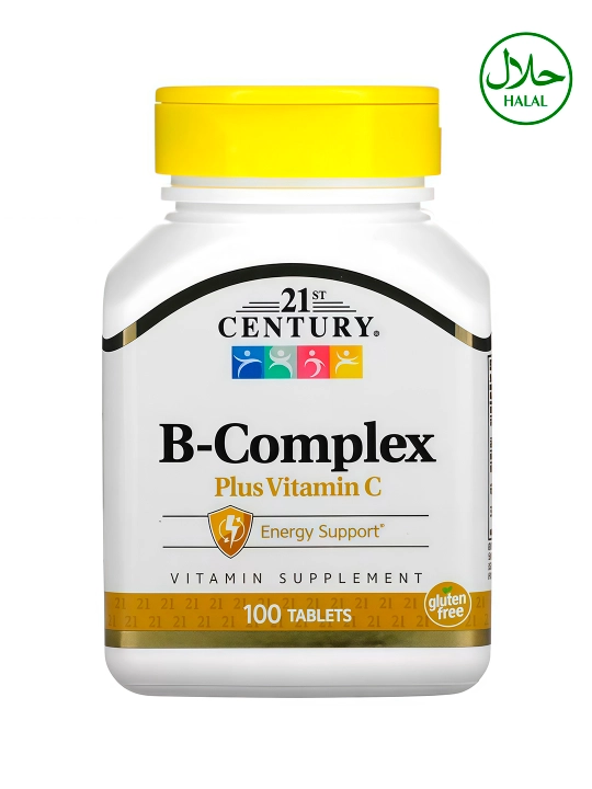 21st Century B-Kompleksi + C vitamini (B1, B6), energiya va asab uchun, 100 ta tabletka, Halol